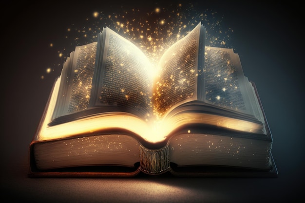 Libro aperto con pagine luminose su sfondo scuro