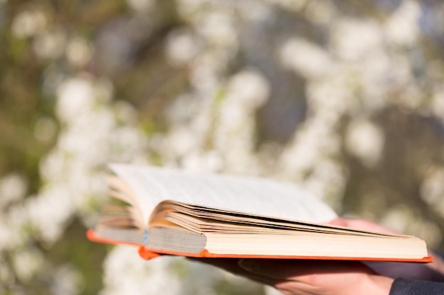 Libro aperto di concetto di istruzione nelle mani su uno sfondo di alberi in fiore