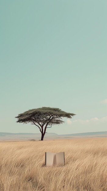 Libro aperto in piedi in un campo di savana dorata con un albero di acacia solitario e cielo limpido nel