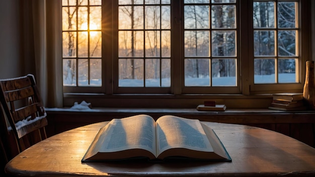 Libro aperto su un tavolo vicino a una finestra con vista sul tramonto in inverno