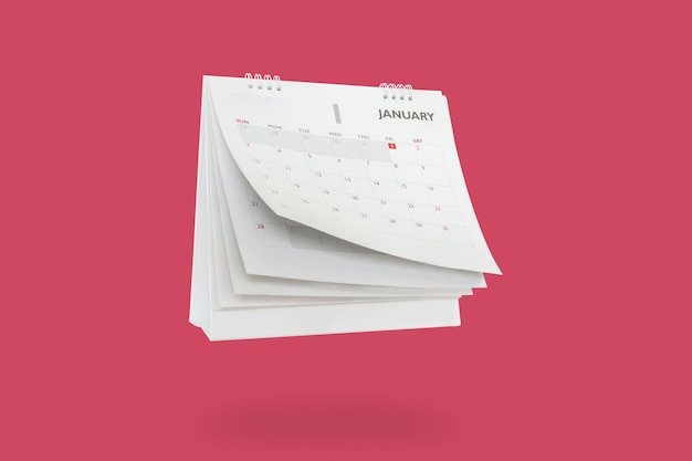 Libro bianco calendario da tavolo lanciando pagina mockup isolato su sfondo rosso