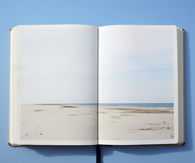 Libro bianco con pagine vuote sulla spiaggia sullo sfondo del cielo blu