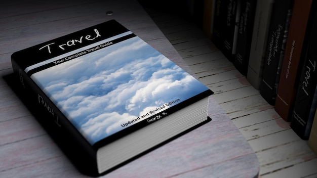 Libro con copertina rigida Viaggio con illustrazione in copertina su superficie in legno