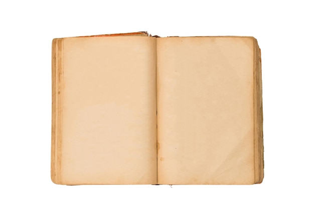Libro d'annata isolato vecchio libro aperto con le pagine macchiate gialle vuote