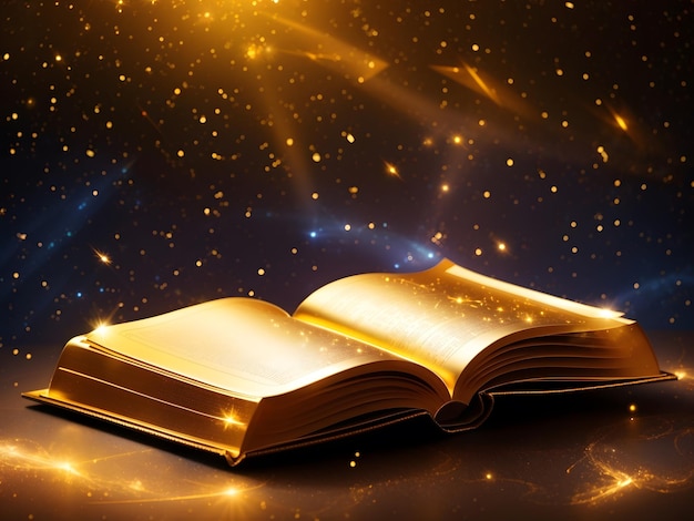 Libro d'oro sullo sfondo della galassia raggi d'oro intorno al libro linee di luce scintille con vuoto