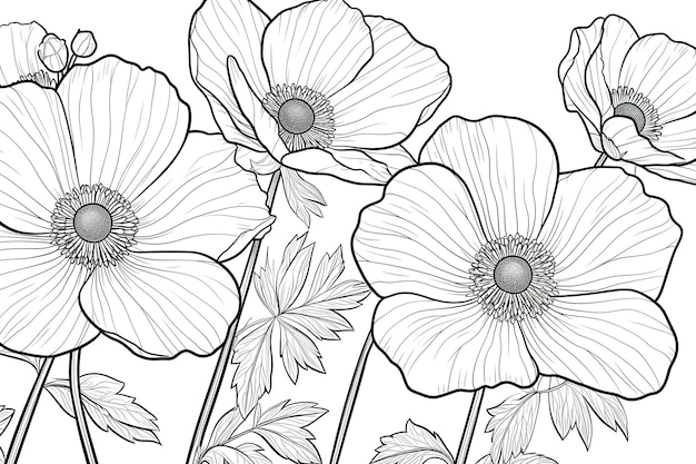 Libro da colorare fiori con contorno nero in stile doodle