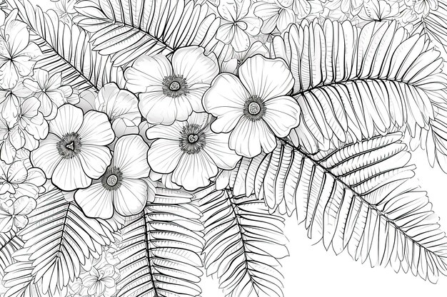 Libro da colorare fiori con contorno nero in stile doodle