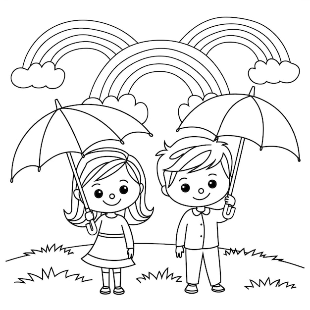 Libro da colorare per bambini a pagina intera disegno illustrato con alberi parco di fiori che gioca con gli animali