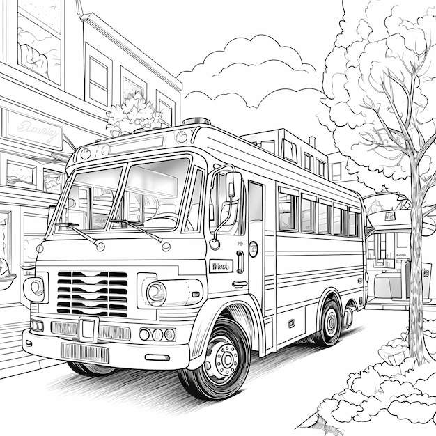 Libro da colorare per bambini con camion ambulanza di salvataggio colorato, linee spesse senza ombreggiature