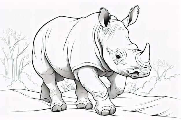 Libro da colorare per bambini immagine cucciolo di rinoceronte disegno di linea di base immagine semplice per bambini piccoli