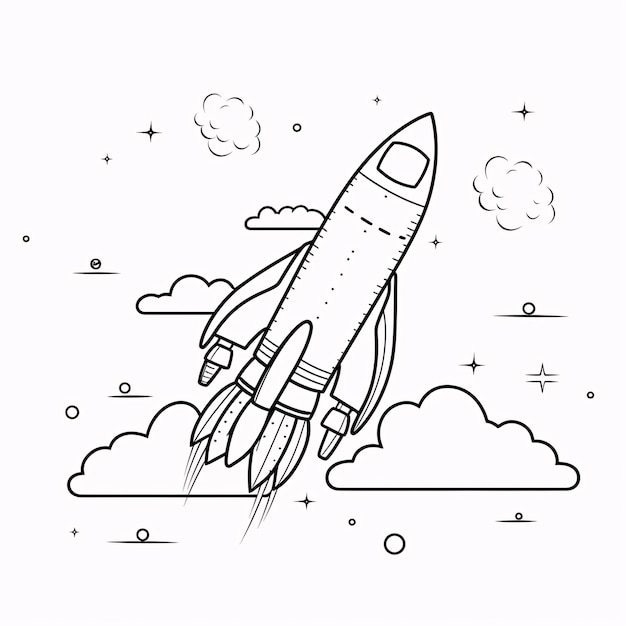 Libro da colorare per bambini simpatico razzo spaziale nave spaziale sullo spazio semplice linea artistica in bianco e nero