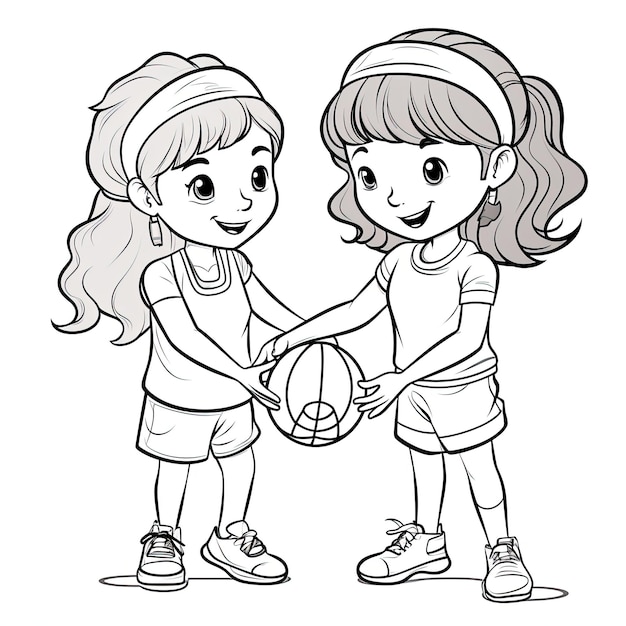 Libro da colorare Scrittura a mano di due ragazze che giocano a palla