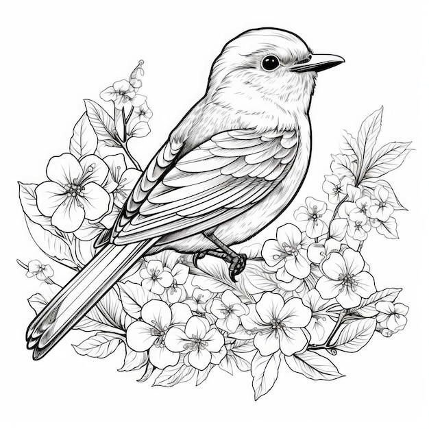 libro da colorare uccello carino in fiore