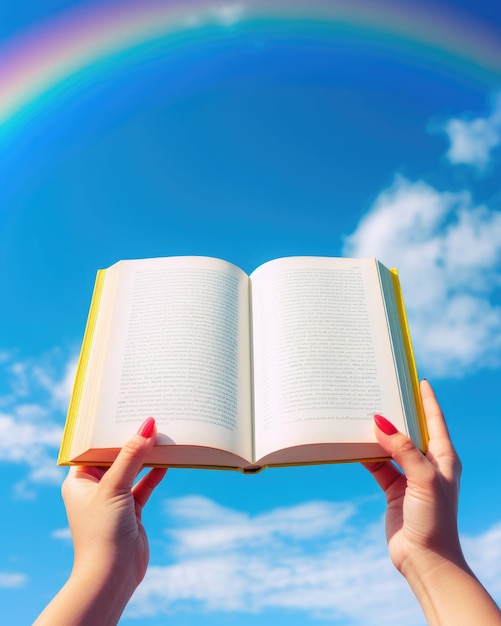 Libro della tenuta della mano della donna contro il fondo luminoso del cielo blu dell'arcobaleno