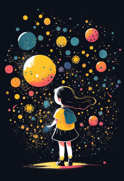 Libro di copertina di bambino in piedi sull'universo con graziose stelline Creato con la tecnologia generativa AI