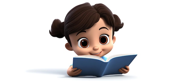 Libro di lettura del bambino del fumetto 3d su fondo bianco