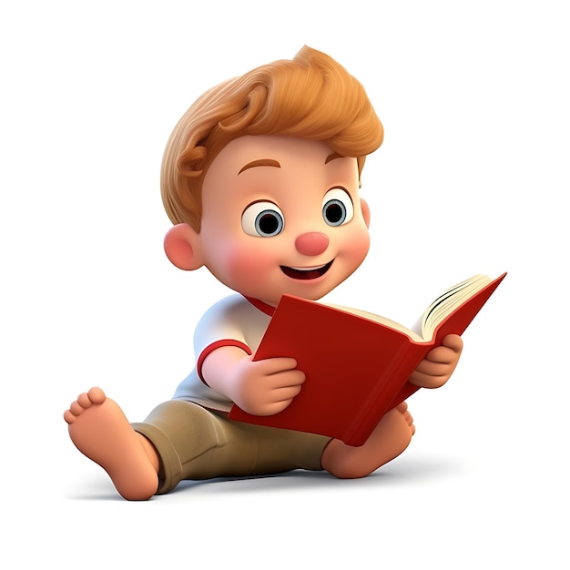 Libro di lettura del bambino del fumetto 3d su fondo bianco