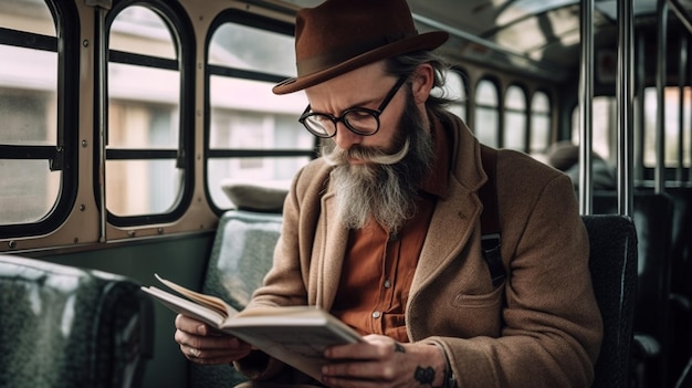 Libro di lettura dell'uomo in autobus