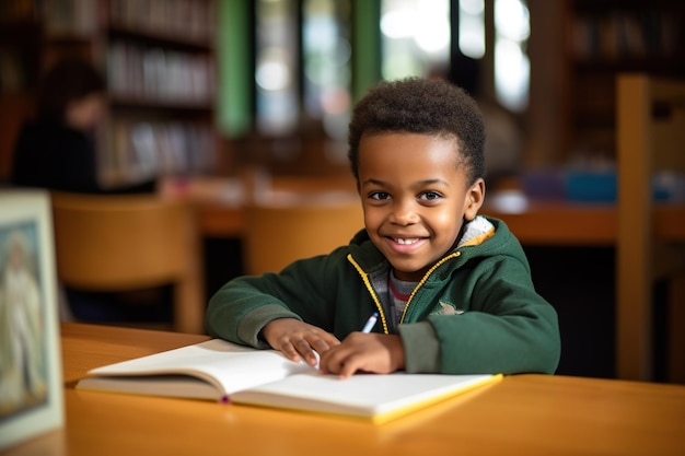 Libro di lettura felice del ragazzo nero in biblioteca