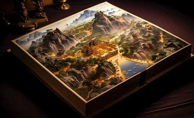 libro di storia di paesaggio mistico con antichi templi e montagna rendering 3D