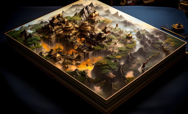 libro di storia di paesaggio mistico con antichi templi e montagna rendering 3D