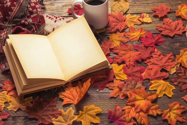 Libro e coperta vicino al caffè sulle foglie