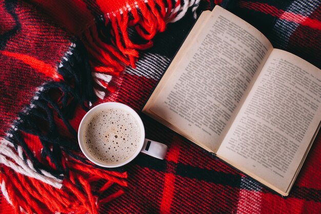 libro e foglie di autunno sul plaid rosso