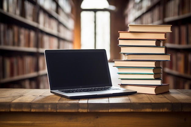 Libro e portatile di e-learning su un tavolo in una biblioteca Concetto di istruzione e apprendimento e-learing