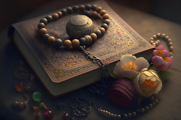 Libro e rosario islamici del Corano per la preghiera sulla tavola marrone Ramadan Generative AI 1