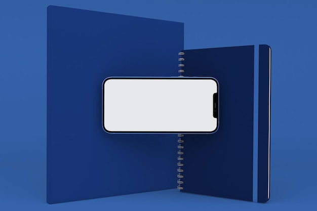 Libro e telefono lato anteriore isolato su sfondo blu