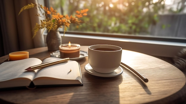 Libro e una tazza di caffè caldo sul tavolo contro una finestra che si affaccia sul sole del mattino Creato con la tecnologia Generative AI