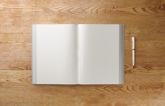 Libro fotorealistico in bianco A4 sulla tavola di legno leggera, illustrazione 3D.