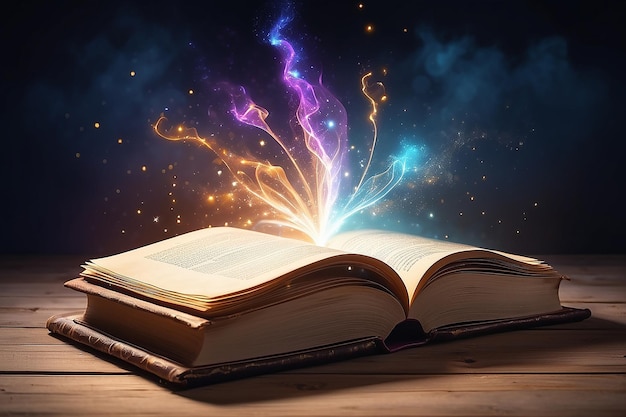 Libro magico aperto con luce magica Educazione