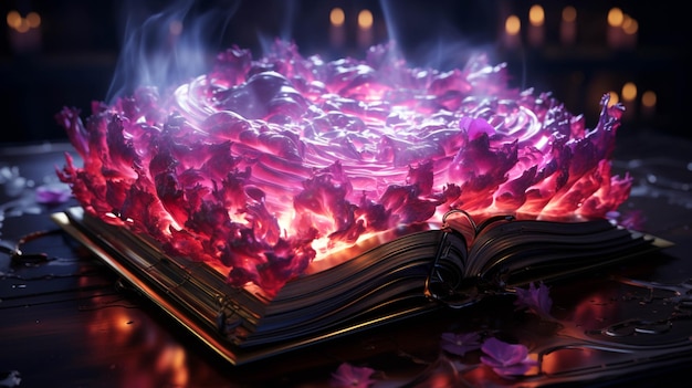 Libro magico aperto con neon rosa su sfondo scuro