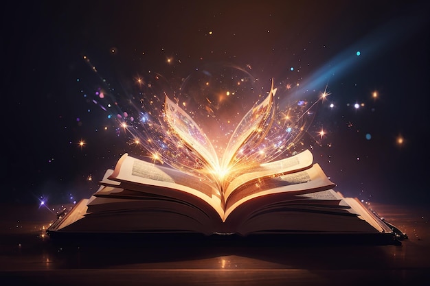 Libro magico aperto immagine realistica con raggi di luce scintillanti luminosi che illuminano le pagine palle galleggianti scure