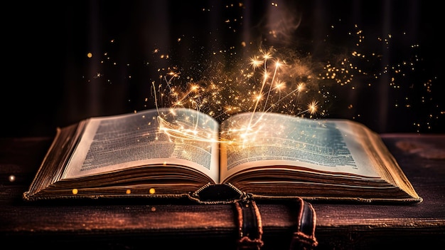 Libro magico con pagine aperte e luci astratte che brillano nell'oscurità IA generatrice