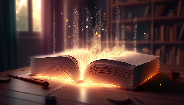 Libro magico del mondo letterario sul tavolo la magia delle parole