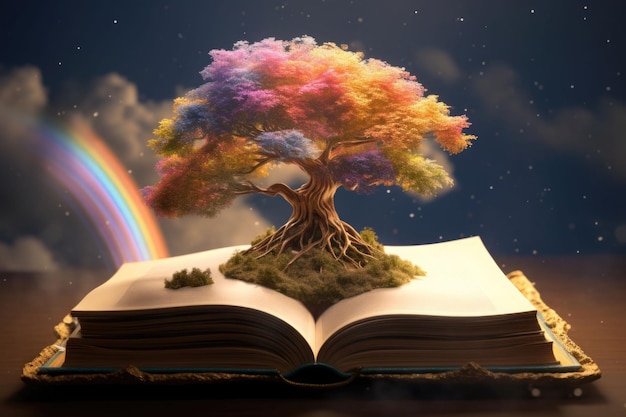 Libro misterioso da cui emerge un albero magico con scintillii e arcobaleno dietro l'IA generativa