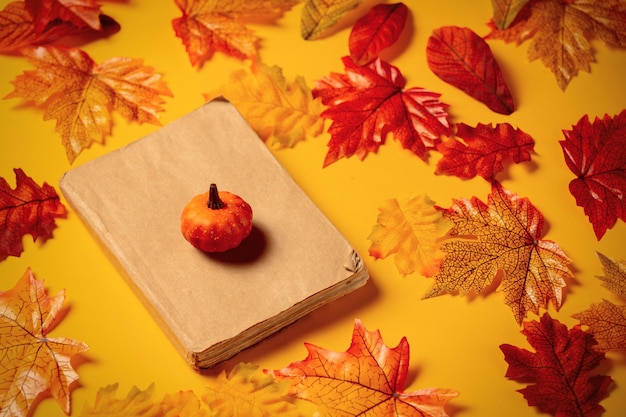 Libro romantico e zucca con foglie d'autunno su sfondo giallo. Vista dall'alto