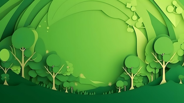 Libro verde ritagliato con un paesaggio verde e alberi sullo sfondo.