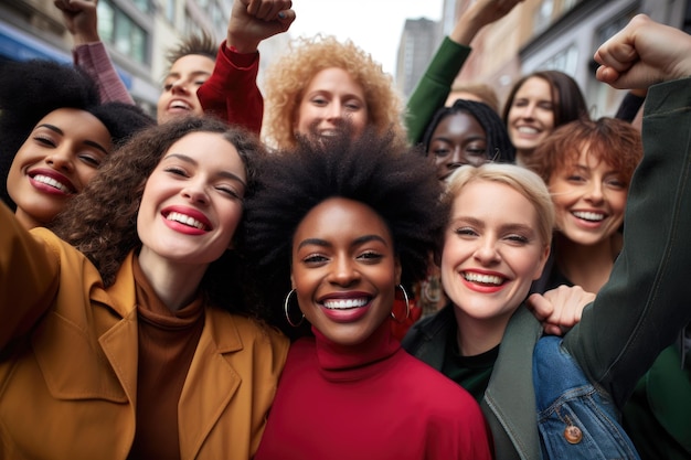 lifestyle, moda e gente concetto gruppo di donne sorridenti in città scatto d'azione di donne di età mista multietniche che celebrano la Giornata Internazionale della Donna Generata dall'AI