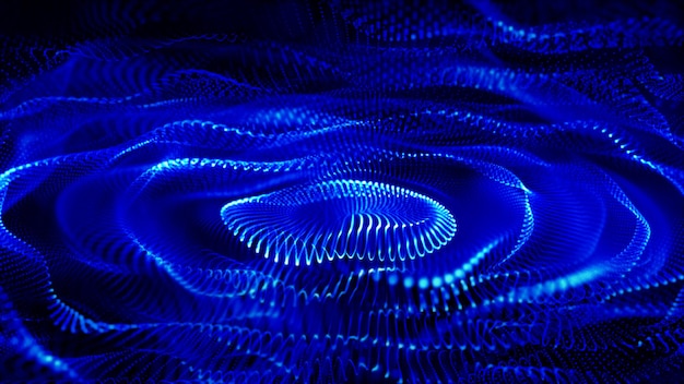 Lights effects with blurred blue neon light curved lines. 3d render.