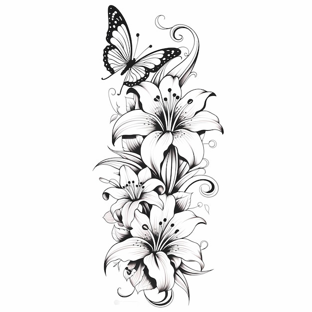 Lilly Fiori e farfalle Tattoo Design Pagina da colorare con stile