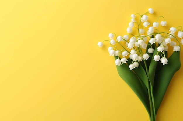 Lily of the valley bunch su sfondo giallo vista dall'alto