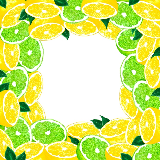 Lime limone acquerello disegnato a mano con fiore di limone e cornice di foglie isolata su sfondo bianco Lable banner per cartolina postale per scrapbooking