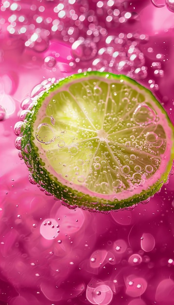 Lime Slice bevanda rinfrescante con bolle su sfondo rosa