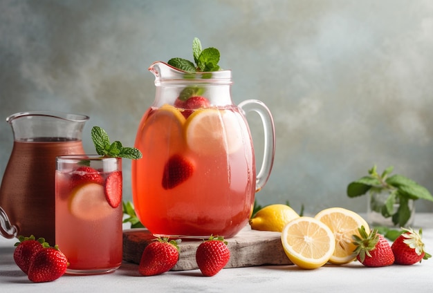 Limonata alla fragola estiva su sfondo chiaro Mojito alla fragola con frutti di bosco e menta