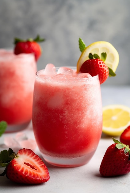 Limonata alla fragola estiva su sfondo chiaro Mojito alla fragola con frutti di bosco e menta