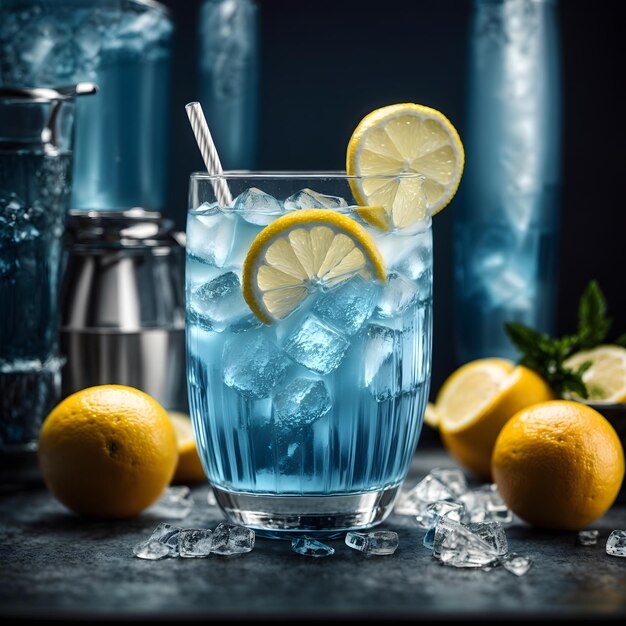 Limonata blu fresca con cocktail di frutta rinfrescante con ghiaccio