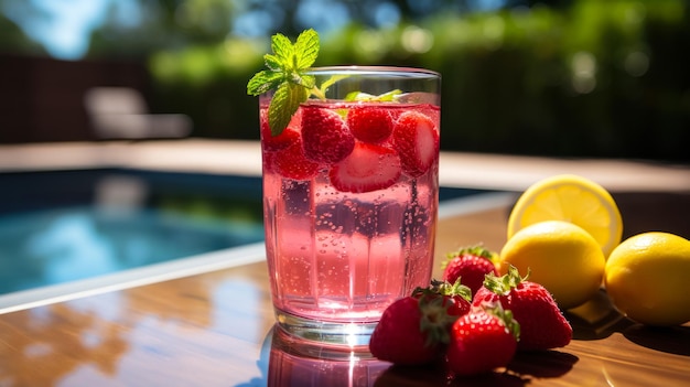 Limonata con fragole e ghiaccio sul bordo della piscina concetto per bevande estive preferite durante